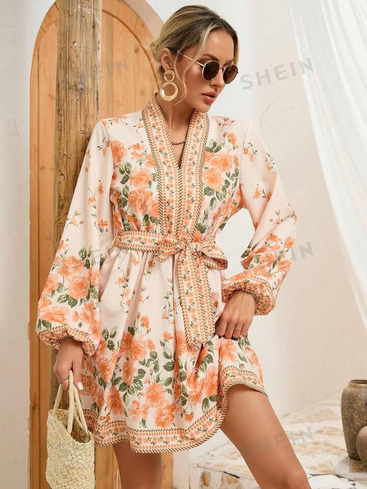 SHEIN VCAY Floral Print Long Sleeve Women's Dress With Defined Waist | SHEIN