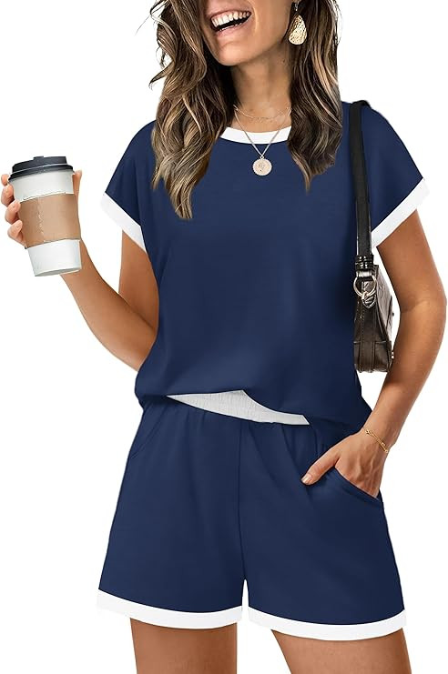 WIHOLL Two Piece Sets for Women Summer Lounge Short Sets Cap Sleeve Crew Neck Sweatsuit with Pock... | Amazon (US)
