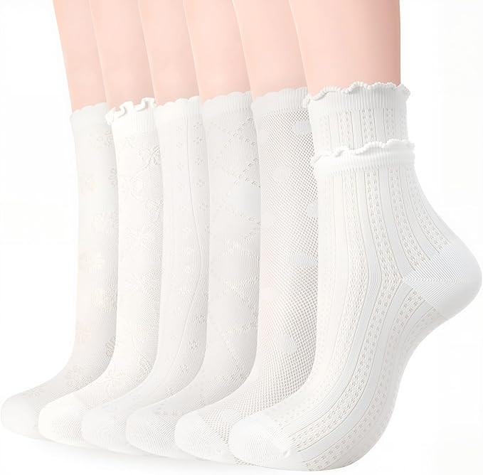 6 Pairs Women's Ruffle Socks Cute sheer Friily Breathable Cotton Sock Cool Lace Elegant Socks Ove... | Amazon (US)