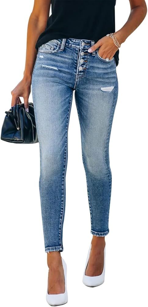 KUNMI Women's Ripped Skinny Slim Fit Jeans Frayed Distressed Stretchy Denim Pants | Amazon (US)