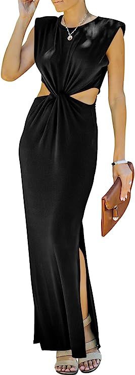 ANRABESS Women Summer Sleeveless Padded Shoulder Cutout Twist Elegant Formal Slim Fit Maxi Dress ... | Amazon (US)