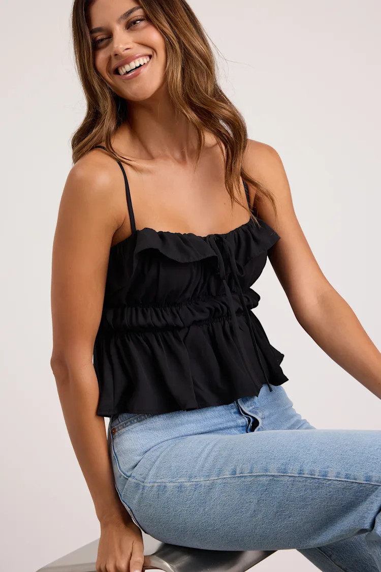 Nicolet Black Tie-Front Peplum Cami Top | Lulus