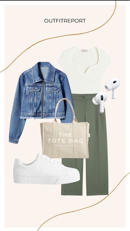 Green khaki trousers white top denim jacket white sneakers trainers shoes tote handbag and AirPods 

#LTKstyletip #LTKunder100 #LTKeurope