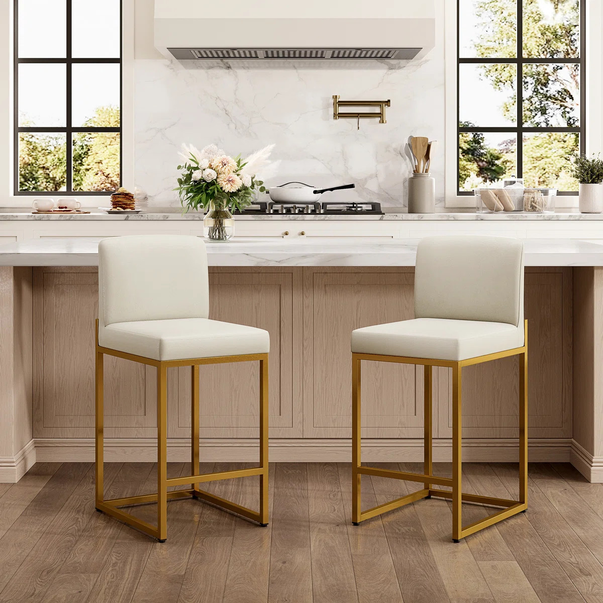 24" Modern Upholstered Kitchen Counter Stool with Gold Metal Sled Base & Off-White Faux Leather | Wayfair North America