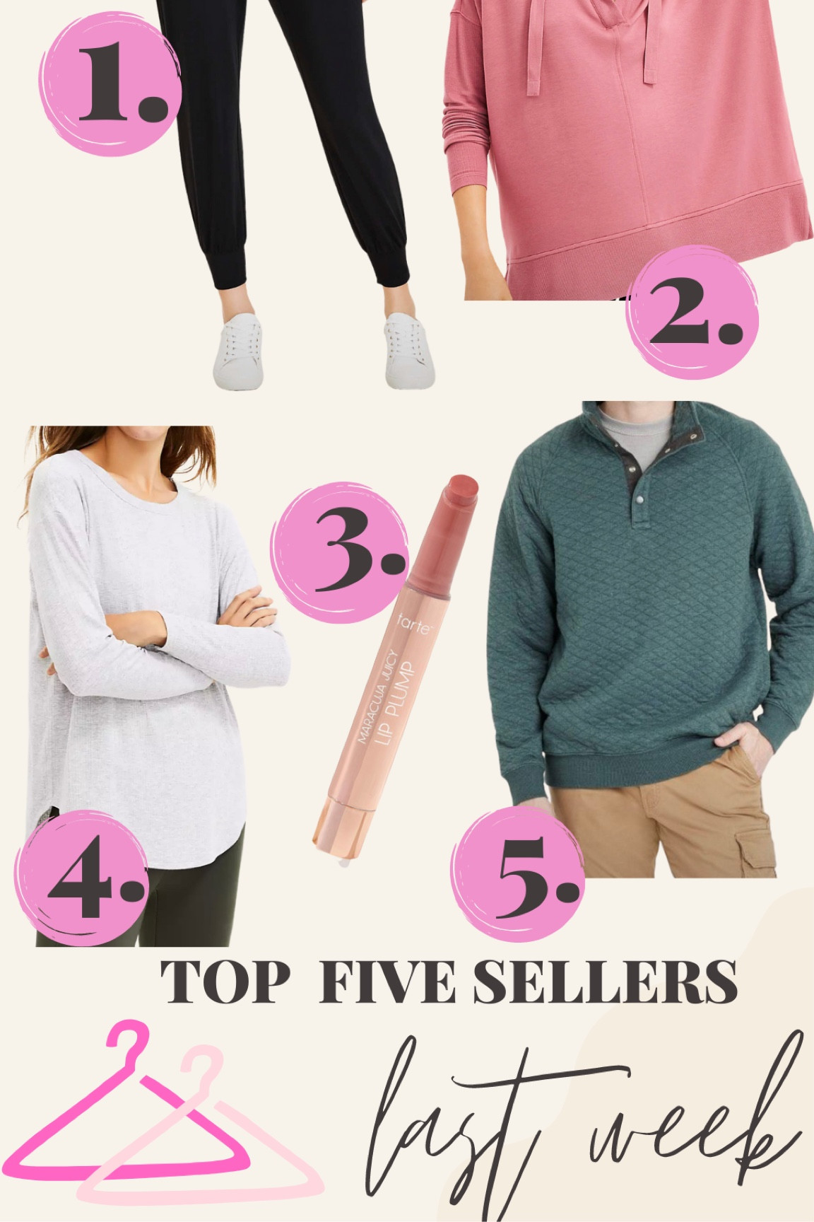 Your top favorite items from this past week! 

#1 - true to size - I wear the size small 
#2 - runs oversized- I wear the small & it’s perfect for leggings 
#3 - favorite Tarte lippies (love the colors Cherry Blossom, White Peach, Tulip & Lotus)
#4 - a great basic for leggings! I sized up one to a medium 
#5 - I bought this for me from the men’s section - I wear the medium & it’s perfect for leggings 

