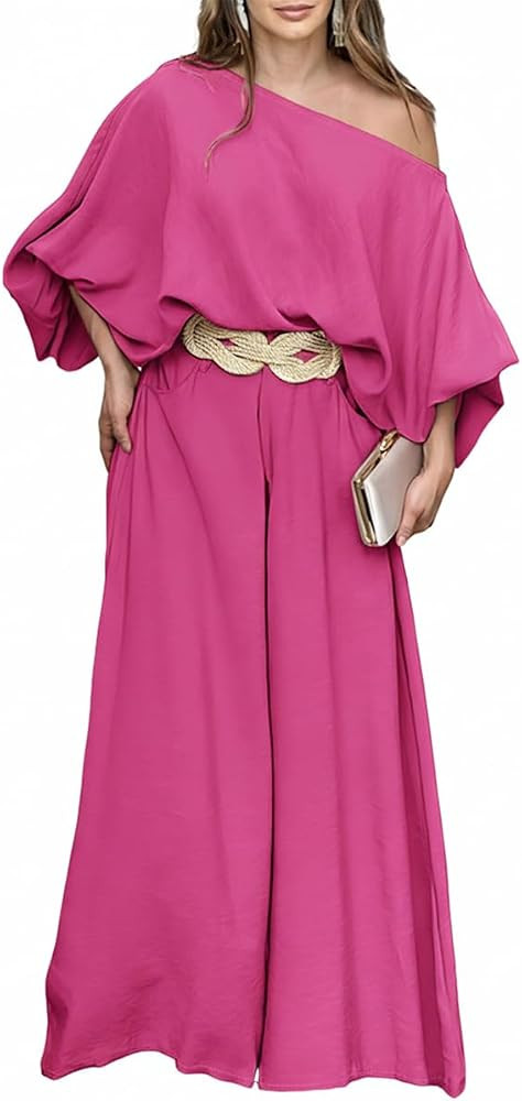 CHICME Women 2 Piece Summer Outfit Off Shoulder Flowy Wide Leg Pants Set | Amazon (US)