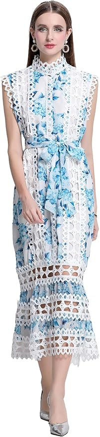 LAI MENG FIVE CATS Women's Sleeveless Hollow Out Lace Print Button Up Casual Midi Party Dress | Amazon (US)