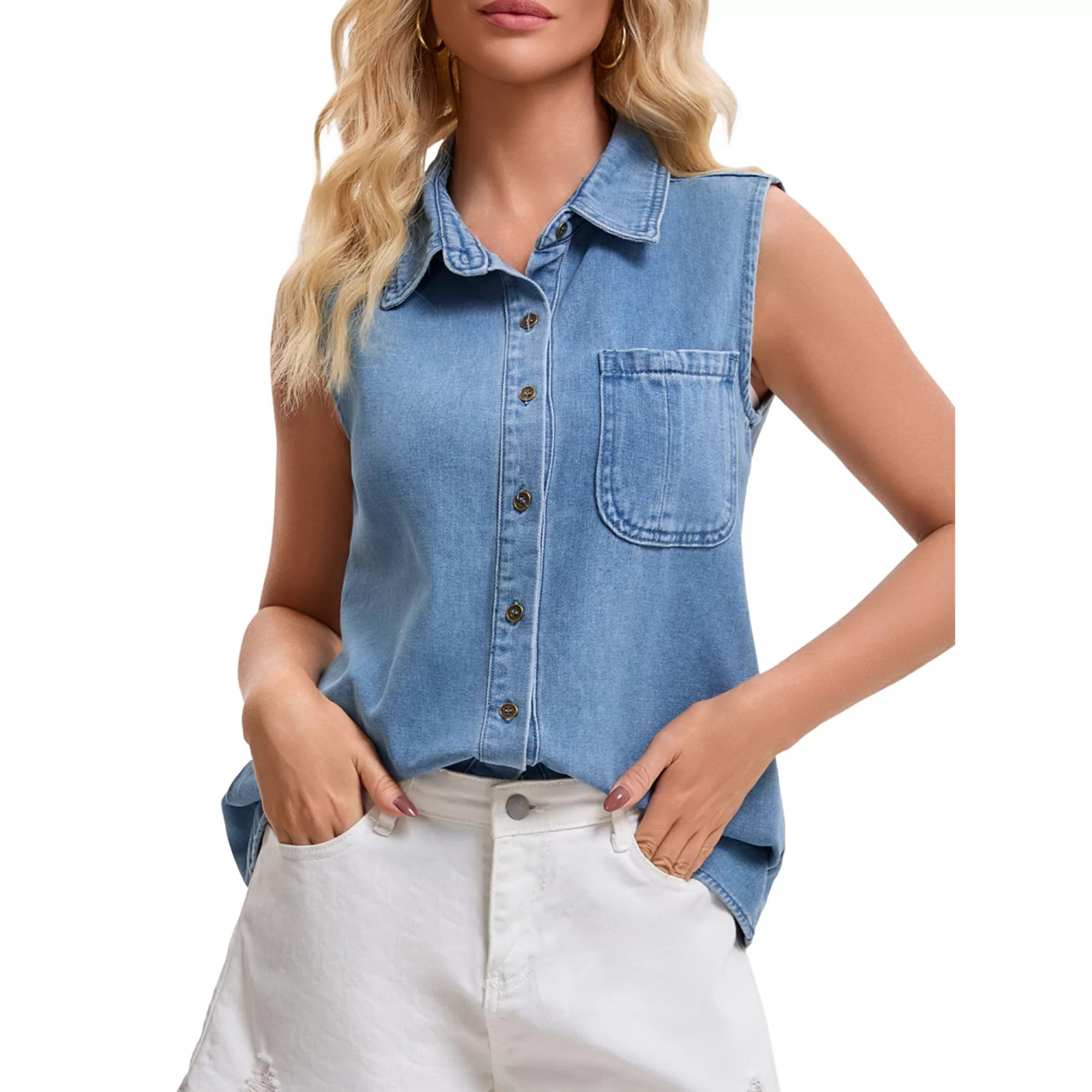 Women's Denim Top Sleeveless Button Down Collared Tank Tops with Pockets Jean Shirt | Kohl's