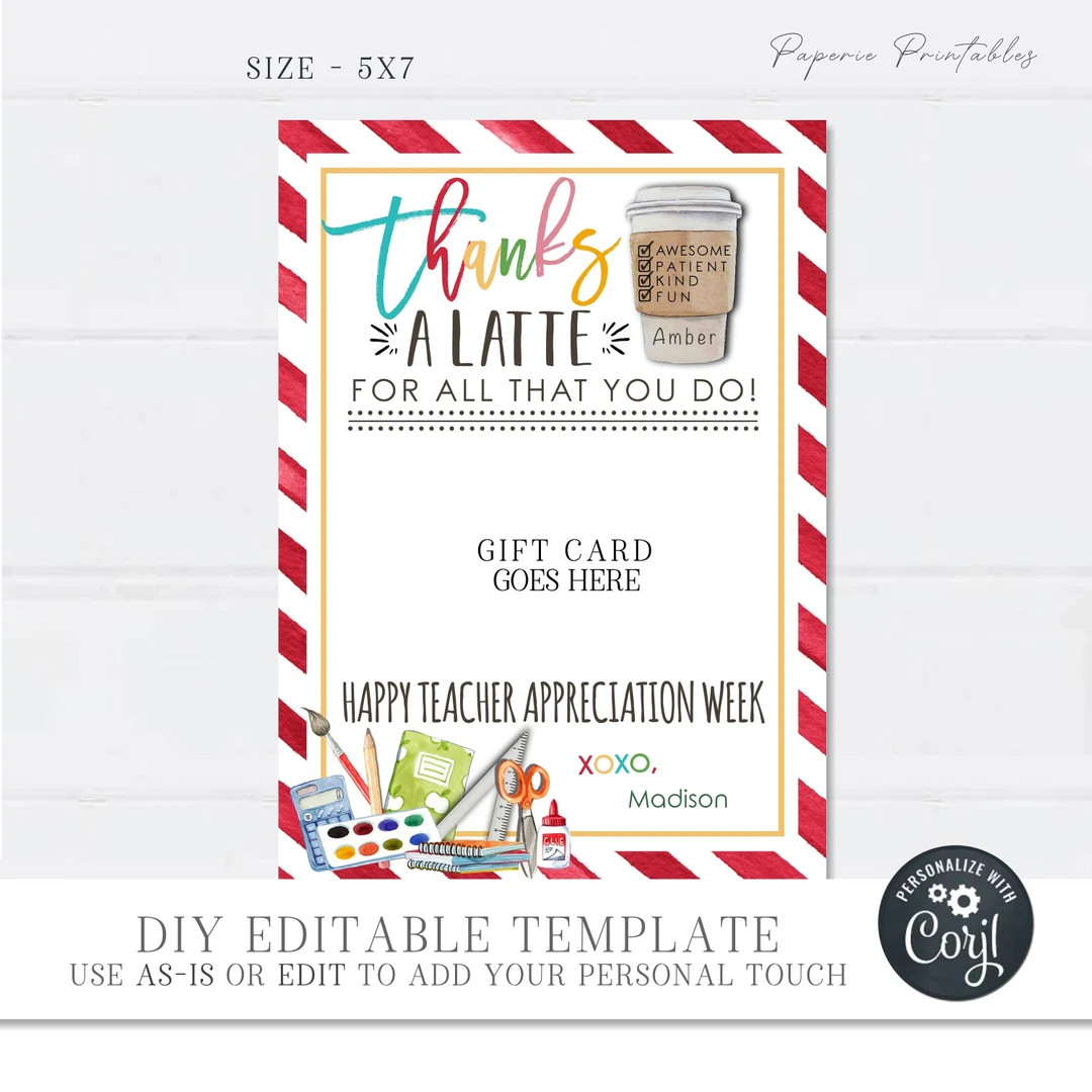 EDITABLE Teacher Appreciation Coffee Gift Card Holder, Thanks a LATTE for All You Do, Coffee Gift... | Etsy (US)
