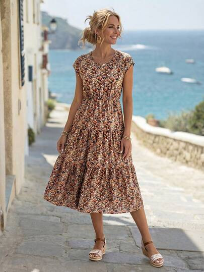 Faunlyn Women's Casual Ditsy Floral Ruffle Hem Round Neck Vacation Dress Vintage | SHEIN
