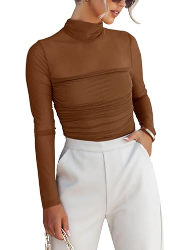 REORIA Women\u2019s Trendy Sexy Mock Turtle Neck Long Sleeve Sheer Mesh Ruched Going Out Bodysuit... | Amazon (US)