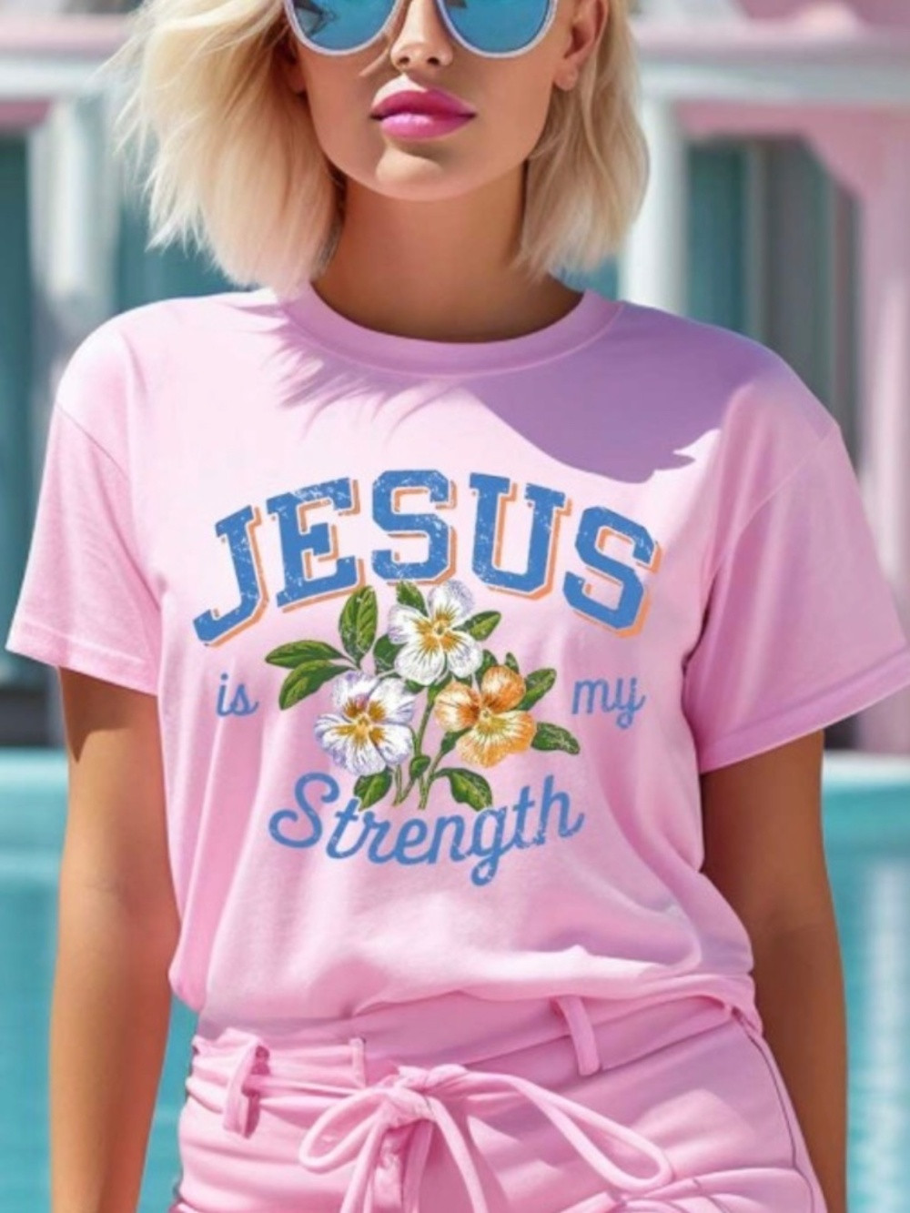 PINK CREW NECK T-SHIRT WITH "JESUS IS MY STRENGTH" GRAPHIC - NWOT | Poshmark