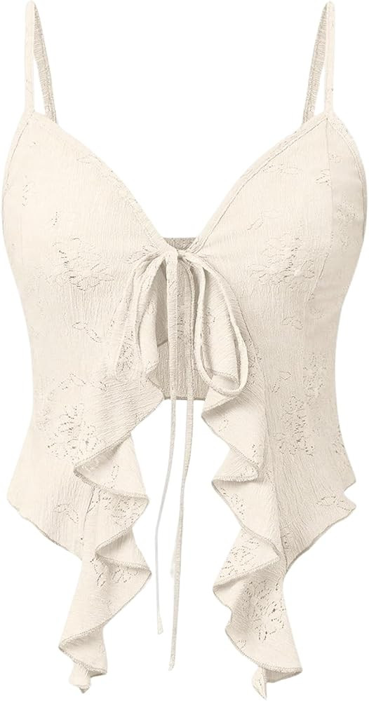 Women's Asymmetric Hem Cami Crop Top Backless Tie Front Ruffle Trim Slim Fit Camisole | Amazon (US)