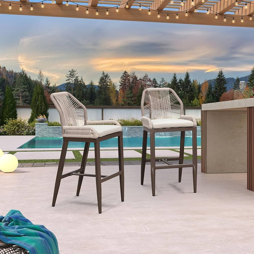 PURPLE LEAF Patio Bar Stool Bar Height Set of 2 Outdoor Rattan Chairs with Back Modern Aluminum W... | Amazon (US)