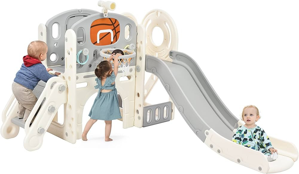 Merax 7-in-1 Kids Slide with Climber, Basketball Hoop, Tunnel, Telescope and Storage Space, Outdo... | Amazon (US)