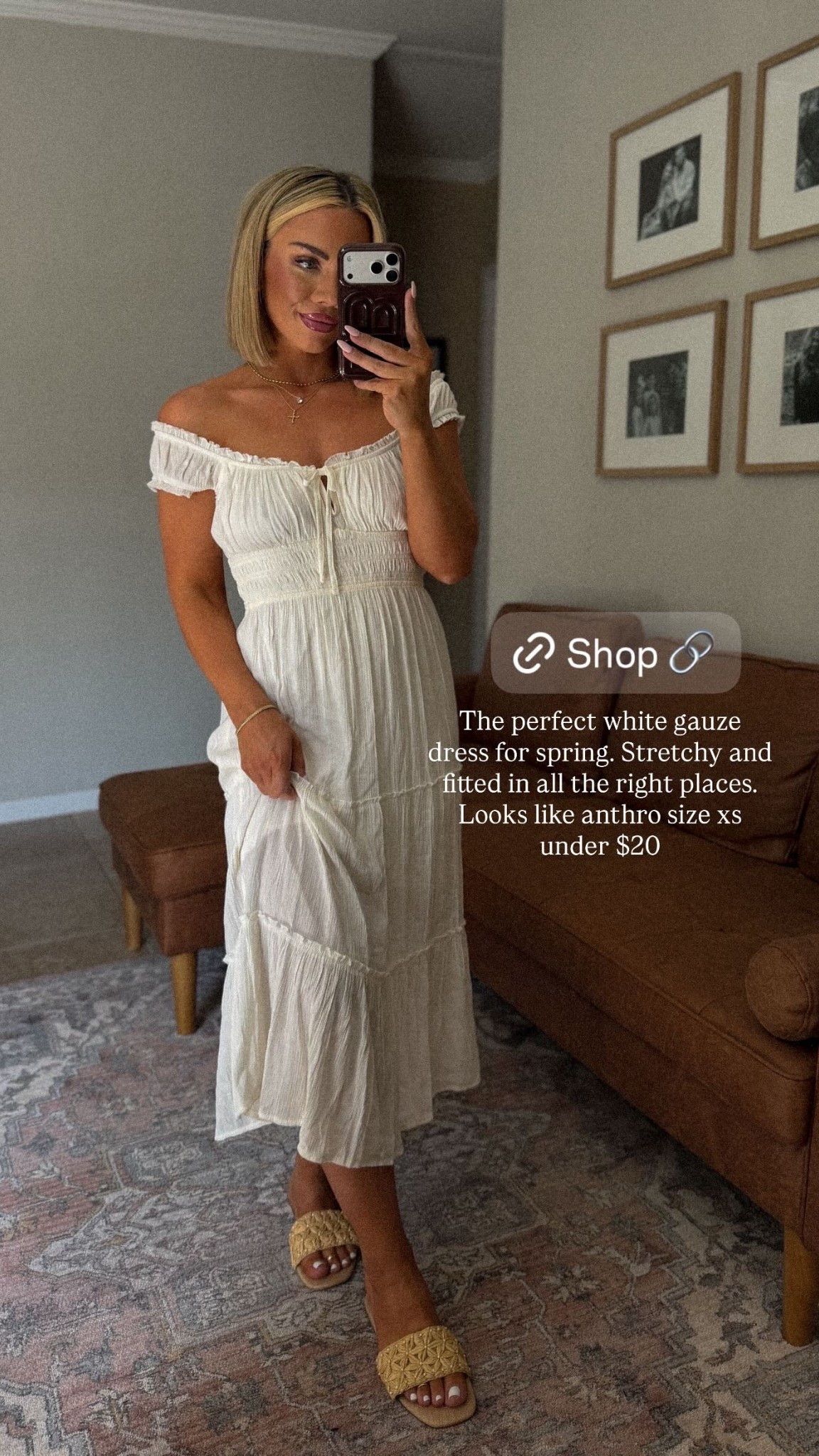 The perfect white gauze dress for spring. Stretchy and fitted in all the right places. Looks like anthro size xs under $20