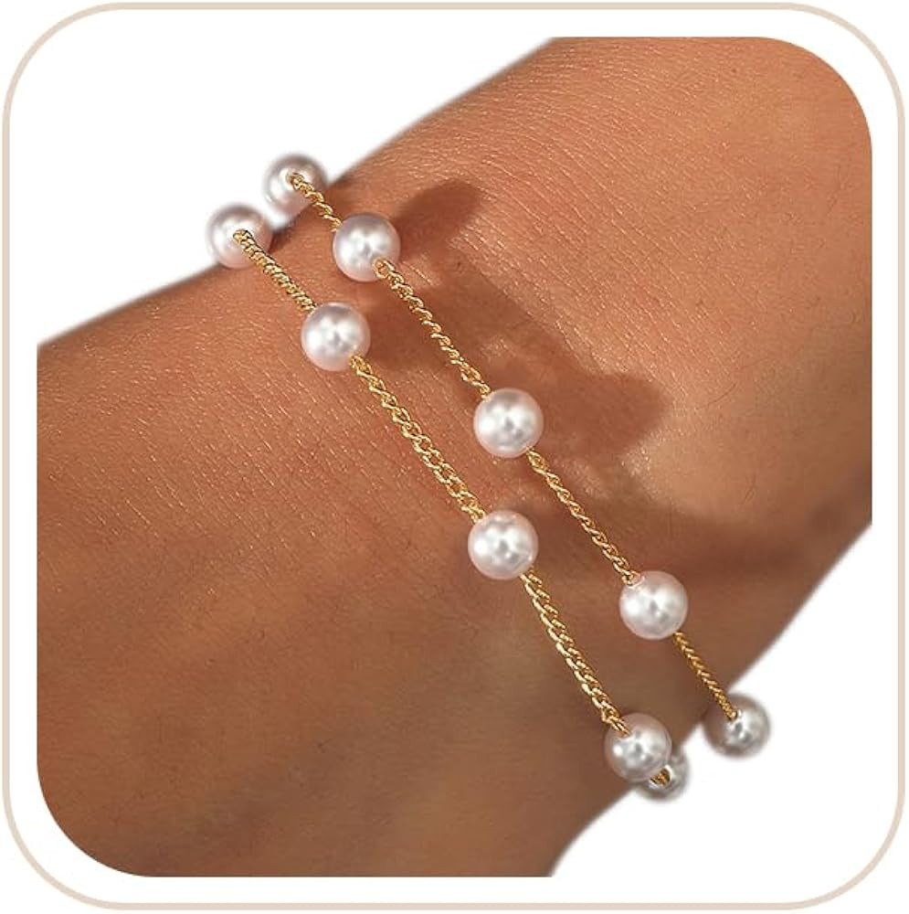 Amazon.com: DAYANEY Pearl Bracelets for Women, 18K Gold Plated Bracelets Stack as Gifts for Girls... | Amazon (US)