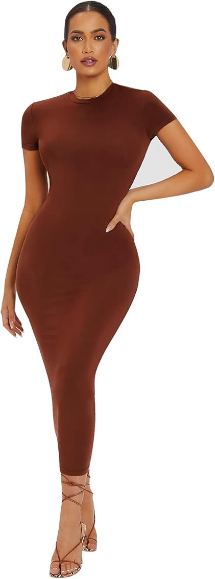 Verdusa Women's Round Neck Cap Sleeve Solid Long Pencil Bodycon Dress | Amazon (US)