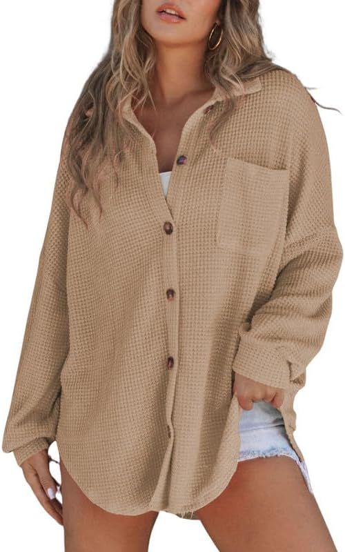 SHEWIN Women's Waffle Knit Button Down Shirts Casual Long Sleeve Shacket Jacket Boyfriend Tops Bl... | Amazon (US)