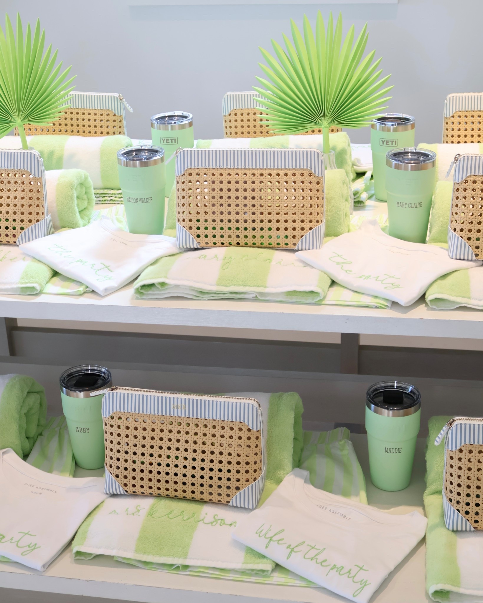 Cute bachelorette party gift ideas for your girl gang 💚🌴 I love a practical but aesthetic bachelorette welcome bag moment! These custom bridesmaid gifts include a personalized yeti tumbler cup, monogram waterproof cane makeup pouch, matching embroidered tees, striped beach shorts, and striped beach towels—perfect for a bach weekend, girls trip, or destination bachelorette party. The fresh green color palette gives such a fun palm beach / coastal bachelorette vibe and everything is something the girls will actually use after the trip. Sharing all the details for the best bridesmaid gifts, bachelorette party favors, bridesmaid gift bags, and personalized bridesmaid gift ideas. @the.frontgate.group        #LTKunboxing #LTKunboxing 

#LTKWedding #LTKHome #LTKTravel
