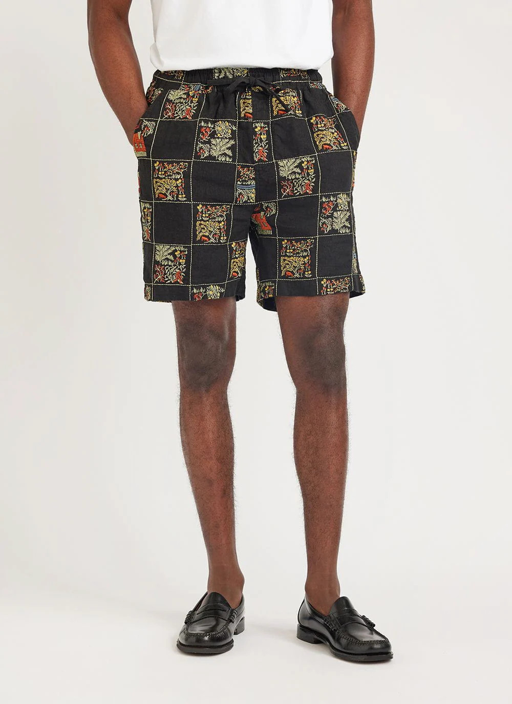 Checkerboard Shorts | Embroidered Linen | Black | Percival Menswear