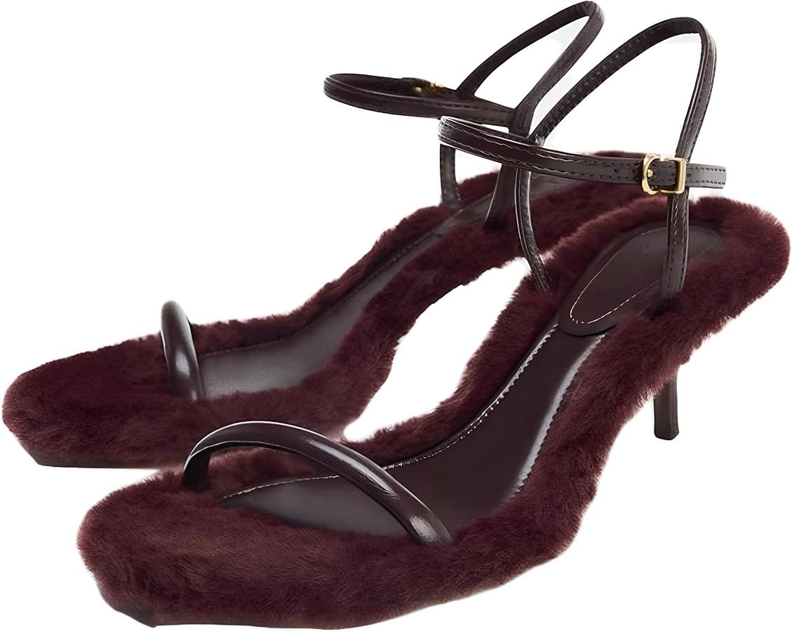 YIYA Women's Fuzzy Kitten Heels Sandals Open Round Toe Ankle Strap Fluffy Feather Party Prom Danc... | Amazon (US)