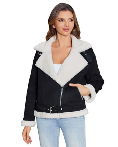 WYOYW Women’s Faux Suede Fur Jacket Thick Shearing Fur Lined Leather Winter Coat Black S | Amazon (US)