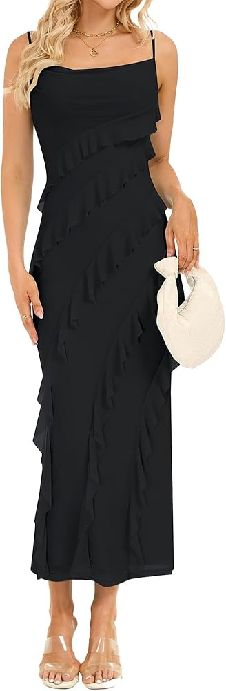 Women's Sleeveless Bodycon Maxi Dress Spaghetti Strap Elegant Ruffle Wedding Guest Long Cocktail ... | Amazon (US)