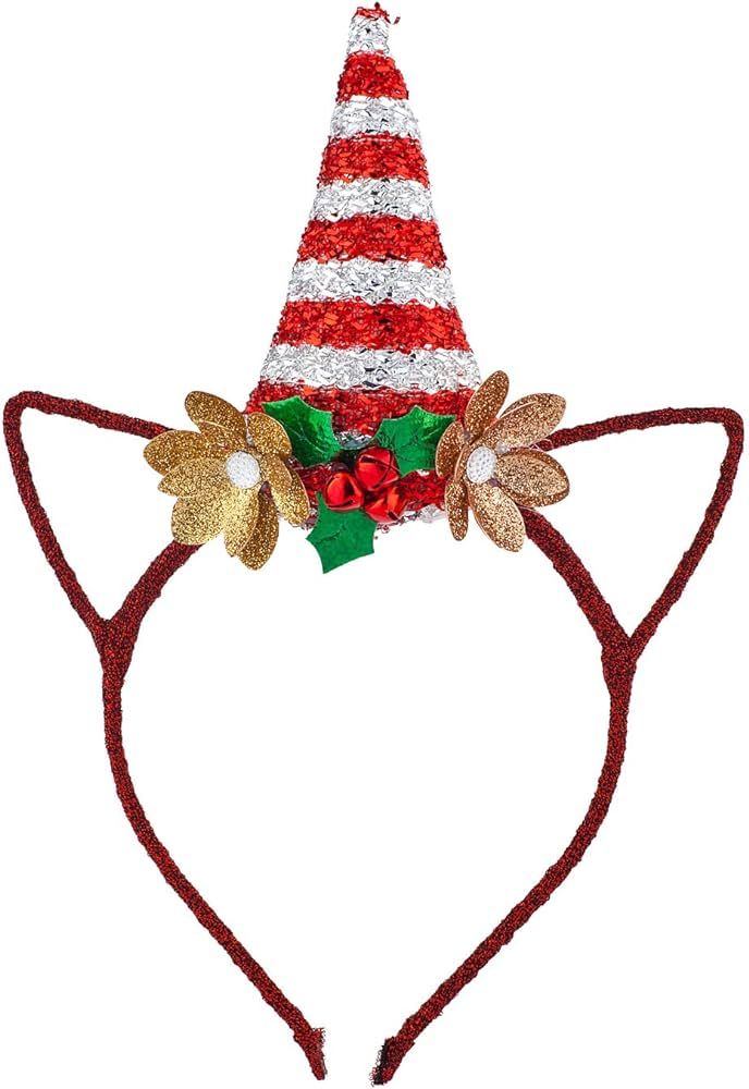 LUX ACCESSORIES Red Glittery Cat Ears Holiday Hat Gold Glitters Floral Headband | Amazon (US)