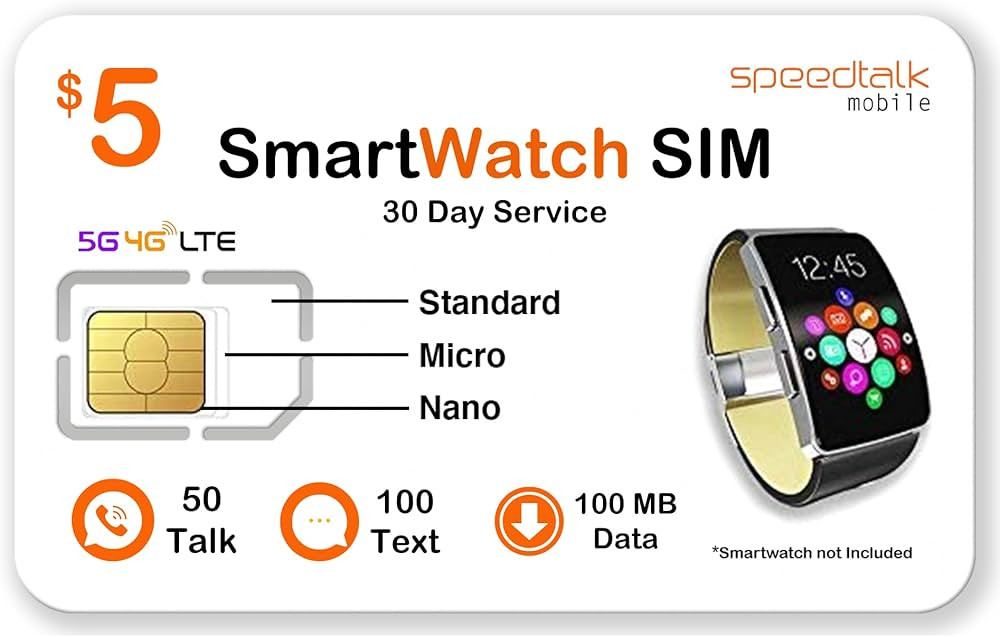 SpeedTalk Mobile $5 Smart Watch SIM Card Kit for 5G 4G LTE GSM Smartwatches Activity Fitness Wear... | Amazon (US)