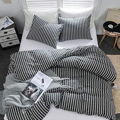 Argstar 3 Pcs 100% Cotton Duvet Covers King Size, Striped Bedding Sets, Dark Grey and White Geome... | Amazon (US)