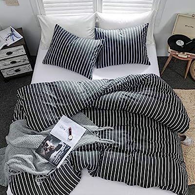 Argstar 3 Pcs 100% Cotton Duvet Covers King Size, Striped Bedding Sets, Dark Grey and White Geome... | Amazon (US)