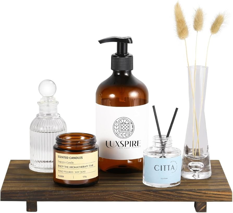 Luxspire Wood Bathroom Tray, Bathroom Counter Tray with Stand, Wood Riser Tray Dish Soap Tray for Kitchen Sink Countertop, Farmhouse Vintage Bathroom Decor Coffee Table Decor, Dark Brown | Amazon (US)