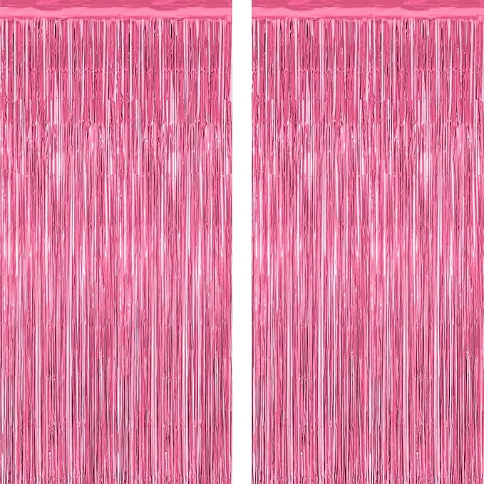 2 Pack Pink Party Decorations, 3.28 FT x 7.05 FT Pink Backdrop, Metallic Tinsel Backdrop Fringe C... | Amazon (US)