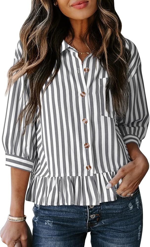 Dokotoo Cropped Button Down Striped Shirt 3/4 Length Sleeve Womens Tops Dressy Casual Blouses Bab... | Amazon (US)