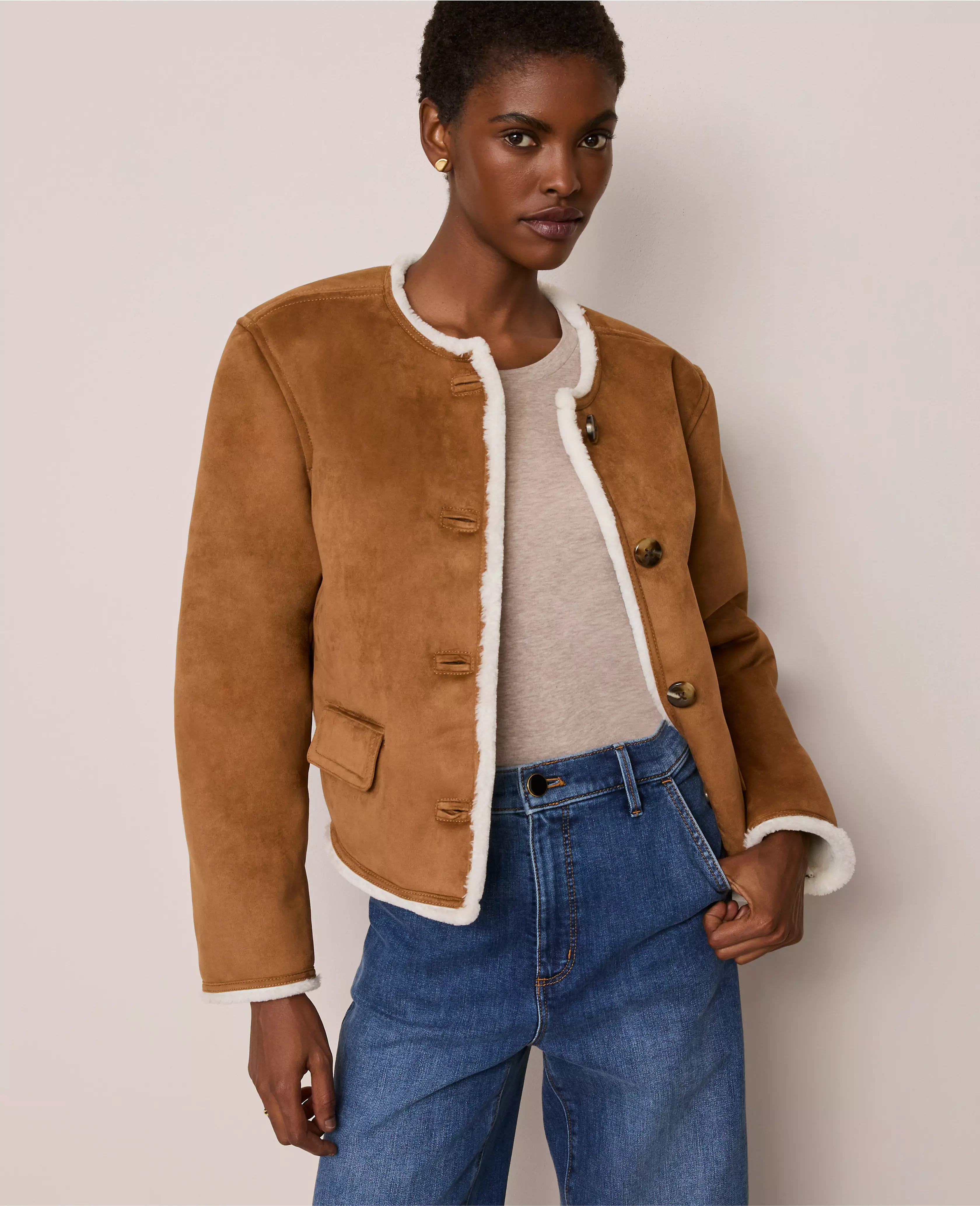 Faux Suede Crew Neck Jacket | Ann Taylor