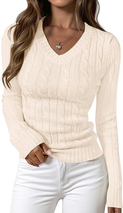 PRETTYGARDEN V Neck Cable Knit Sweaters for Women 2026 Long Sleeve Ribbed Fitted Pullover Tops Bu... | Amazon (US)