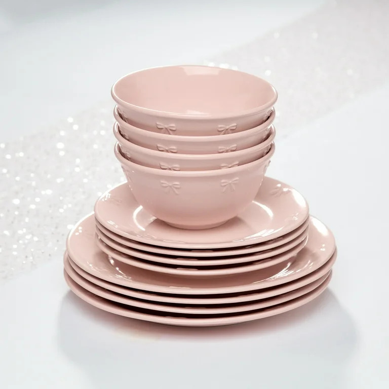 Paris Hilton London Collection 12-Piece Dinnerware Set, Elegant Bow Design, Durable Stoneware, Mi... | Walmart (US)