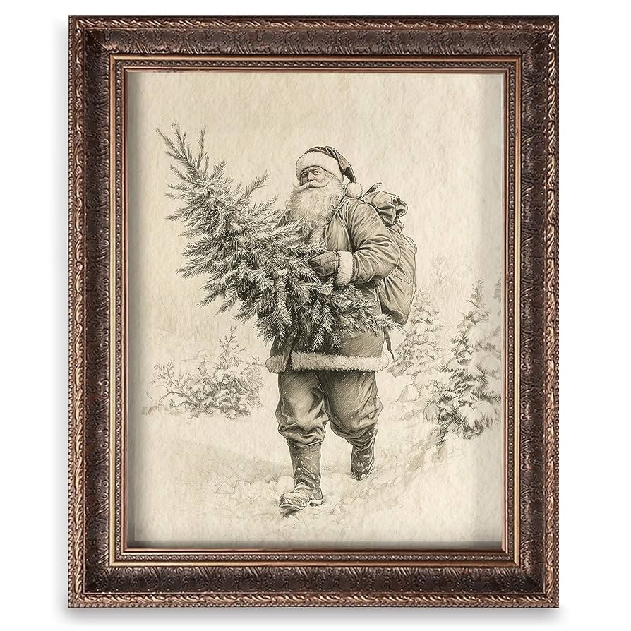 Vintage Christmas Tree Painting Print, Santa Claus Christmas Art Print, Antique Holiday Winter Wa... | Amazon (US)