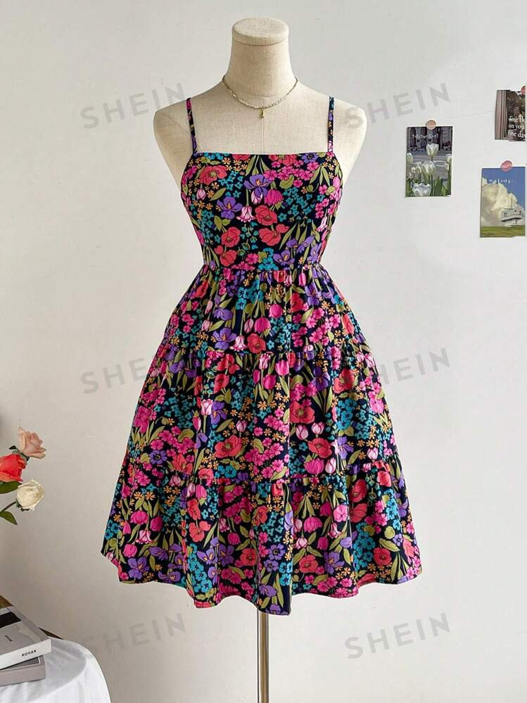 SHEIN WYWH Women's Summer Holiday Floral Printed Ruffle Hem Cami Dress | SHEIN