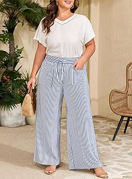 Eytino Womens Plus Size Wide Leg Pants Elastic High Waist Striped Casual Palazzo Pants Lounge Tro... | Amazon (US)