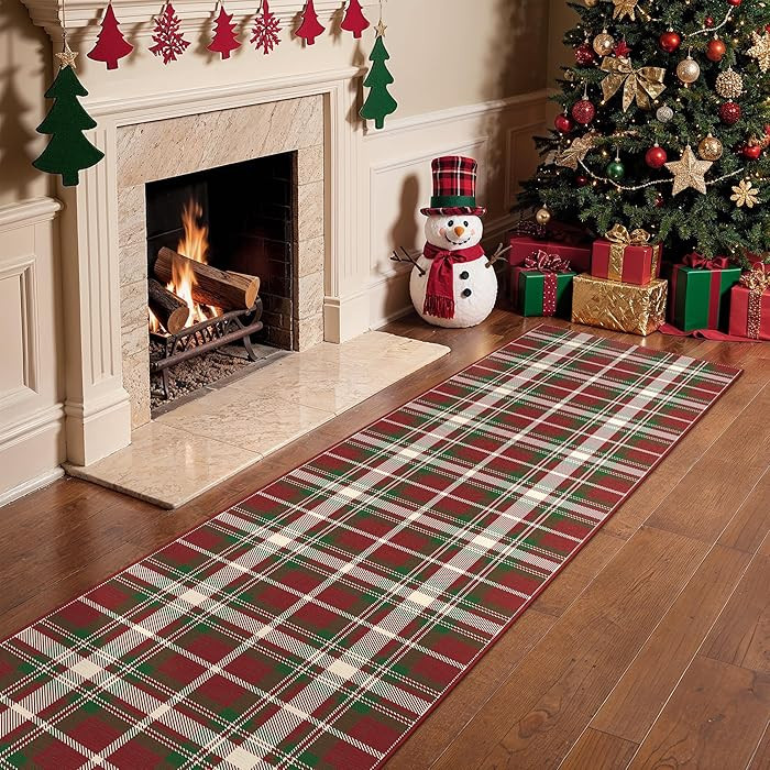 Christmas 2x10 Runner Rug,Red Checkered Runners for Hallways,Xmas Kitchen Rug Buffalo Plaid,Machi... | Amazon (US)
