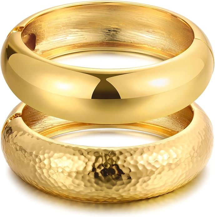Chunky Gold Bangle Bracelets for Women, Dainty 14k Gold Plated Big Stackable Bangles Set, Trendy ... | Amazon (US)