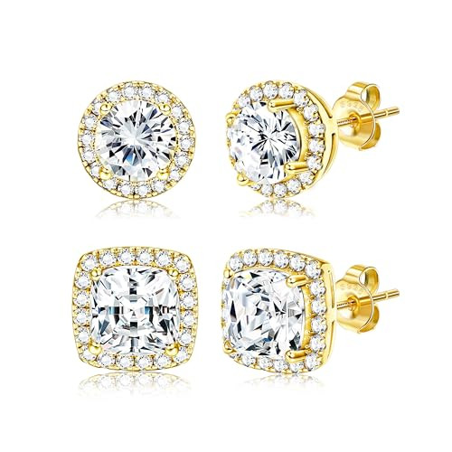 Hayoso 18K Gold Plated Halo Stud Earrings 925 Sterling Silver Cubic Zirconia, Round Square Diamonique Stud Earrings Set for Women Men - Gold | Amazon (US)