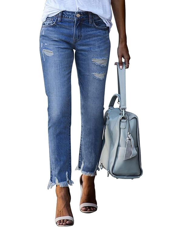 EVALESS Women Boyfriend Jeans Stretchy Ripped Distressed Straight Leg Denim Pants | Amazon (US)