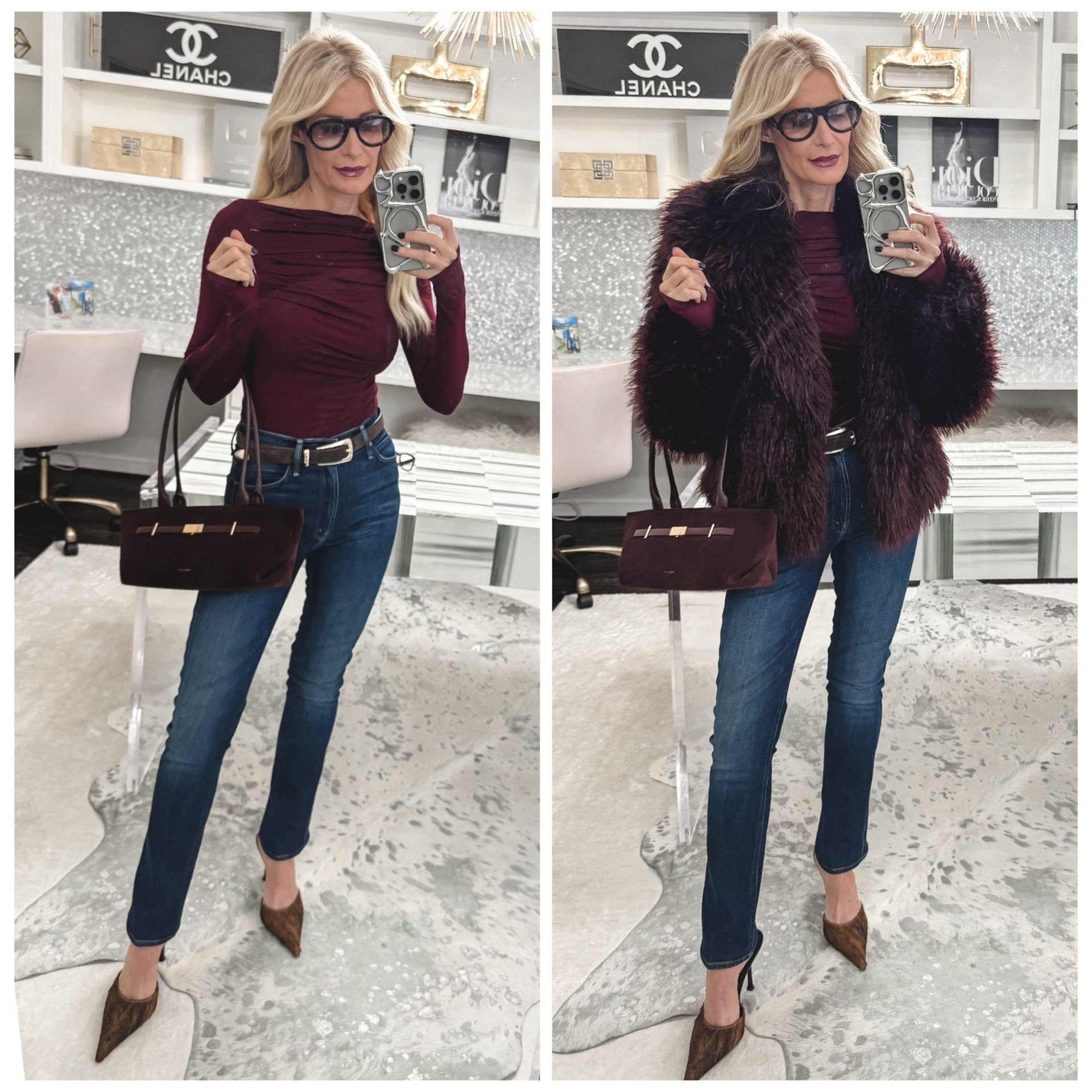 Burgundy is having such a moment, and this outfit is proof 🤎✨

This top is unbelievably soft — like second-skin soft — and I’m obsessed with the thumb holes and subtle gathering. It’s super flattering and incredibly slimming, plus this rich burgundy shade is just gorgeous on.

I paired it with my new favorite Mother Jeans — a high-waisted baby flare that is so slimming and makes your legs look miles long. Truly one of those jeans you reach for again and again.

Then I topped everything off with this fabulous burgundy faux fur because… why not? And this suede burgundy handbag is chef’s kiss — beautiful gold detailing, so classy and elegant, and it comes in five different colors.

Everything runs true to size.
I’m wearing an XS in the top and jacket and a 24 in the denim.

Would you wear this rich burgundy head-to-toe look? 🍷✨ 

 #Over40Style #ChicAtAnyAge #BurgundyStyle #FallFashion #ElevatedBasics #DenimStyle #EffortlessChic 

#LTKgrwm #LTKOver40 #LTKHoliday