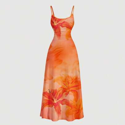 Casual Minimalist Holiday Style Orange Lily Tie Dye Print Elastic Waist Loose Hem Maxi Slip Dress | SHEIN