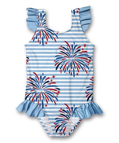 Millie Loves Lily Light Blue Stripe Fireworks Ruffle One-Piece - Infant, Toddler & Girls | Zulily