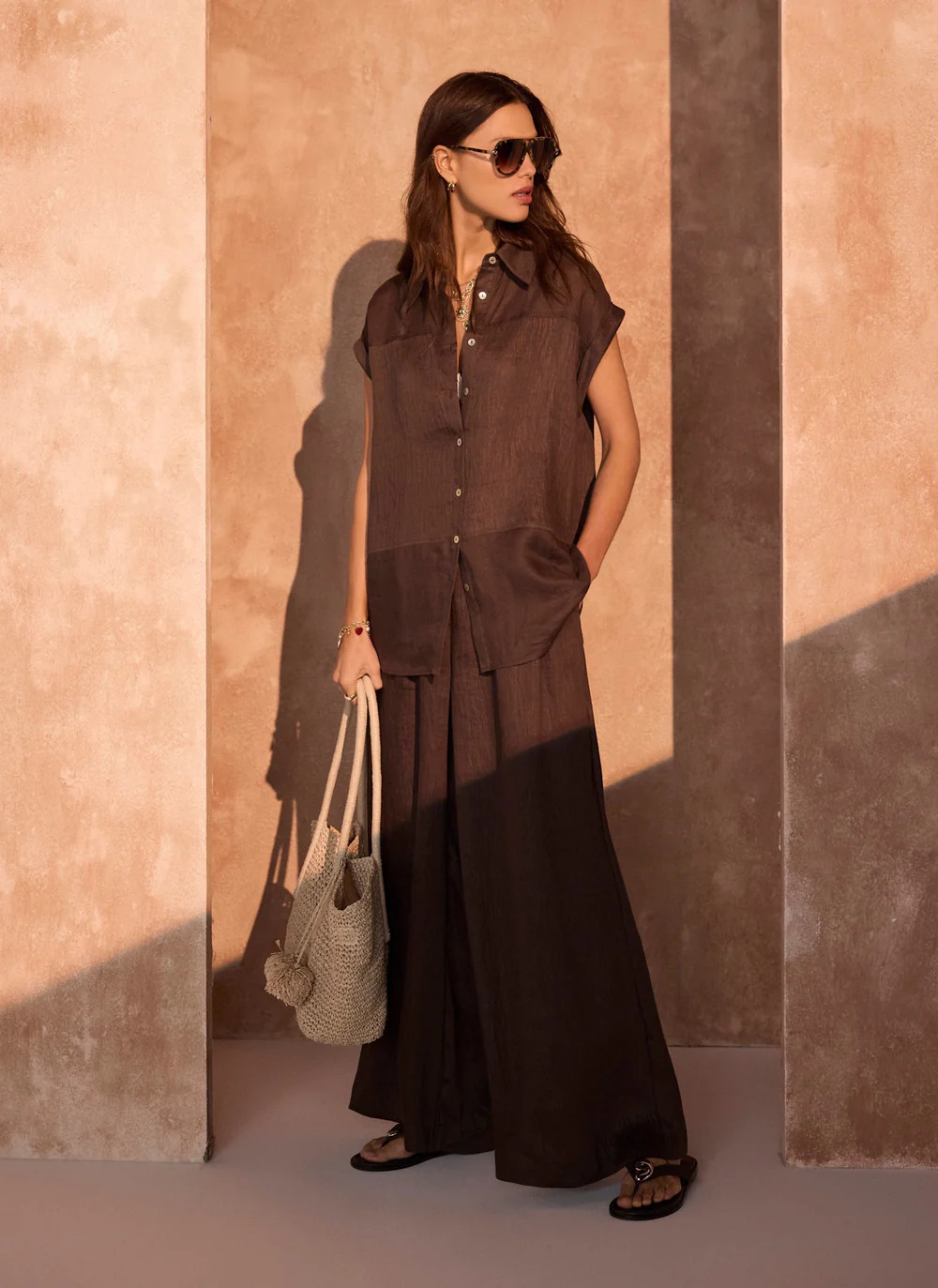 Brown Linen Blend Wide Leg Trousers | Mint Velvet