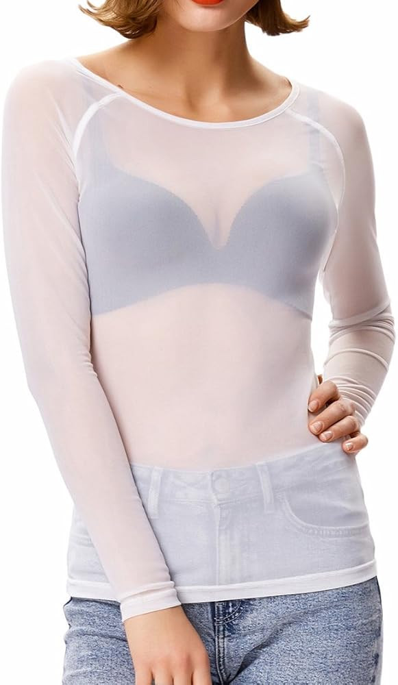 Kate Kasin Women's Basic Long Sleeves Mesh Sheer Tops, Crew Neck See Through Blouse, Solid Color ... | Amazon (US)